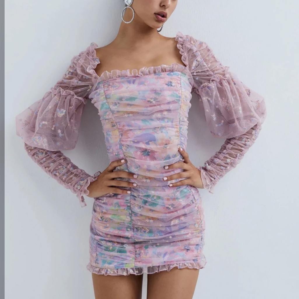 For Love Lemons Imani Embroidered Mesh Shimmer Ruched Mini Dress Xl